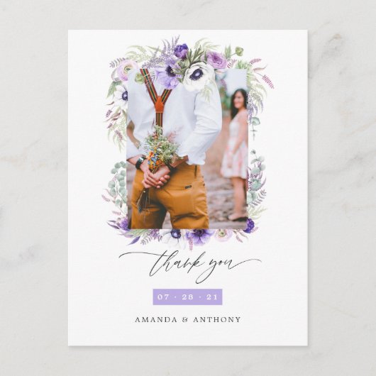 Dusty Violet Pastelフローラ結婚の写真ありがとう ポストカード (正面)