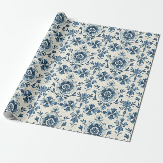 Dutch Floral Tile Gift Wrap, Delft Blue Pattern ラッピングペーパー (アンロールド)