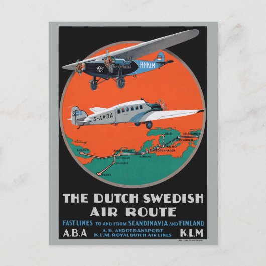 Dutch Swedish Air Route Vintage Poster 1930 ポストカード (正面)