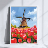 Dutch Windmill Tulip Field Landscape Watercolor ポスター