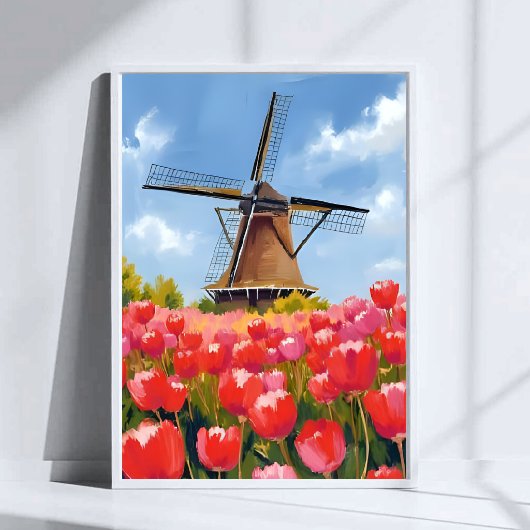 Dutch Windmill Tulip Field Landscape Watercolor ポスター