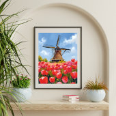 Dutch Windmill Tulip Field Landscape Watercolor ポスター
