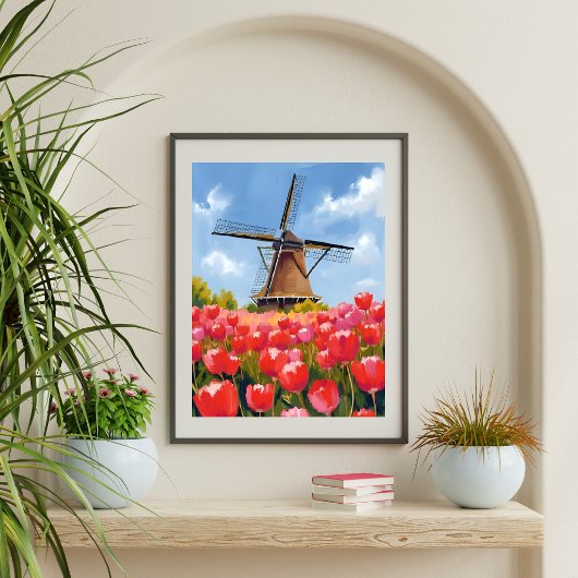 Dutch Windmill Tulip Field Landscape Watercolor ポスター