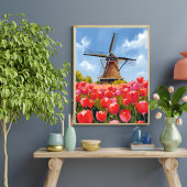 Dutch Windmill Tulip Field Landscape Watercolor ポスター