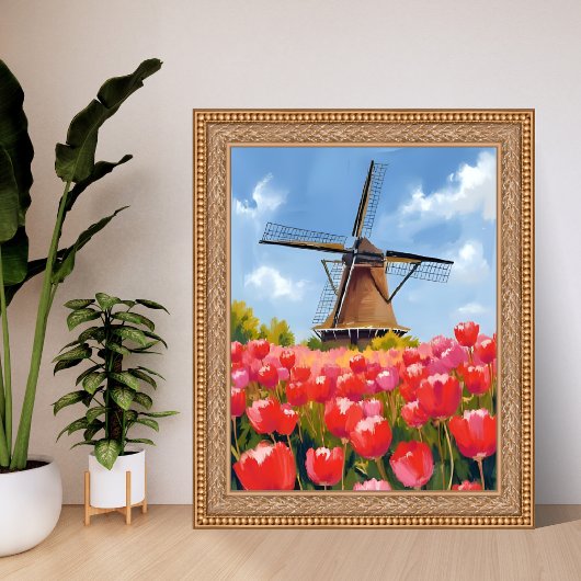 Dutch Windmill Tulip Field Landscape Watercolor ポスター
