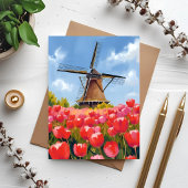 Dutch Windmill Tulip Field Watercolor Painted Card