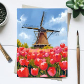 Dutch Windmill Tulip Field Watercolor Painted Card