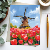 Dutch Windmill Tulip Field Watercolor Painted Card
