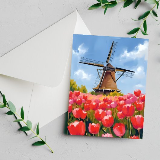 Dutch Windmill Tulip Field Watercolor Painted Card