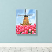 Dutch Windmill Tulip Flower Field Watercolor キャンバスプリント (インサイチュ (ウッドフロア))