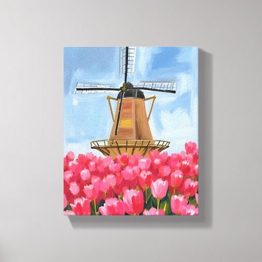 Dutch Windmill Tulip Flower Field Watercolor キャンバスプリント (正面)
