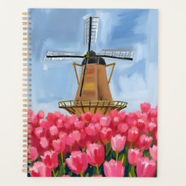 Dutch Windmill | Tulip Flower Field Watercolor プランナー手帳