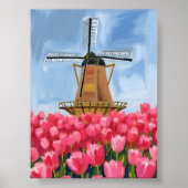 Dutch Windmill Tulip Flower Field Watercolor Art ポスター (正面)