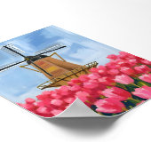 Dutch Windmill Tulip Flower Field Watercolor Art ポスター (角)