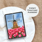 Dutch Windmill Tulip Flower Field Watercolor Art ポスター