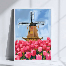 Dutch Windmill Tulip Flower Field Watercolor Art ポスター