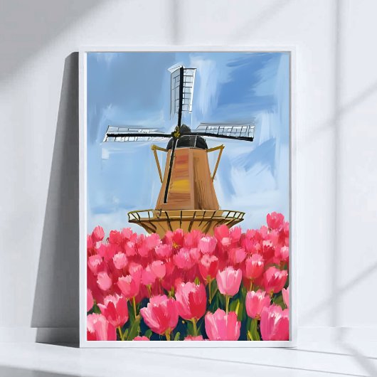 Dutch Windmill Tulip Flower Field Watercolor Art ポスター