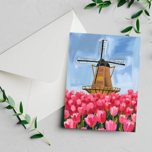 Dutch Windmill Tulip Flower Field Watercolor Card