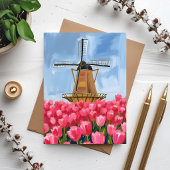 Dutch Windmill Tulip Flower Field Watercolor Card