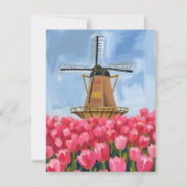 Dutch Windmill Tulip Flower Field Watercolor Card (正面)