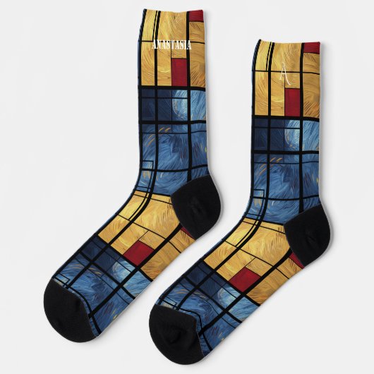Dynamic Abstract Socks in Blue, Yellow, and Red ソックス (左)