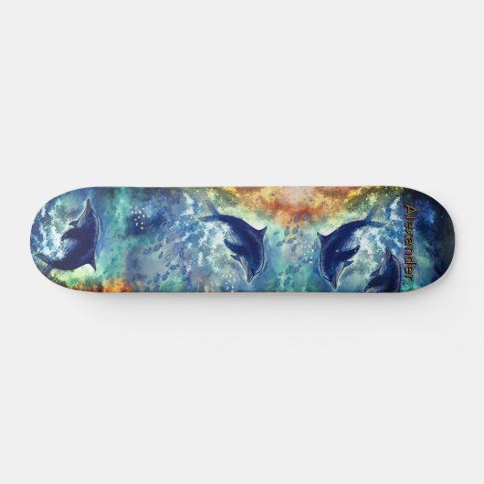 Dynamic Dolphin Ocean Wave Painted Skateboard  スケートボード (横)