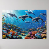 Dynamic Dolphin Pod & Fishes - Vibrant Coral Reef ポスター (正面)