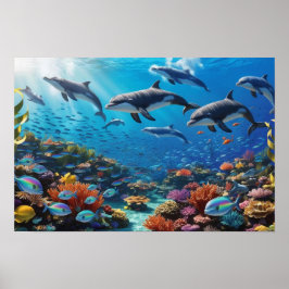 Dynamic Dolphin Pod & Fishes - Vibrant Coral Reef ポスター