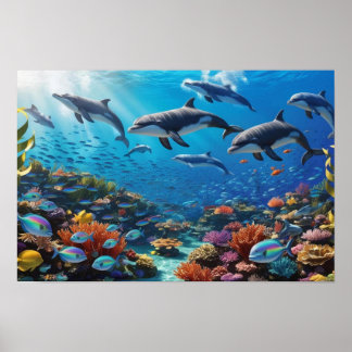 Dynamic Dolphin Pod & Fishes - Vibrant Coral Reef ポスター