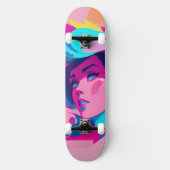 Dynamic Female Profile In Bright Pinks & Blue スケートボード (正面)