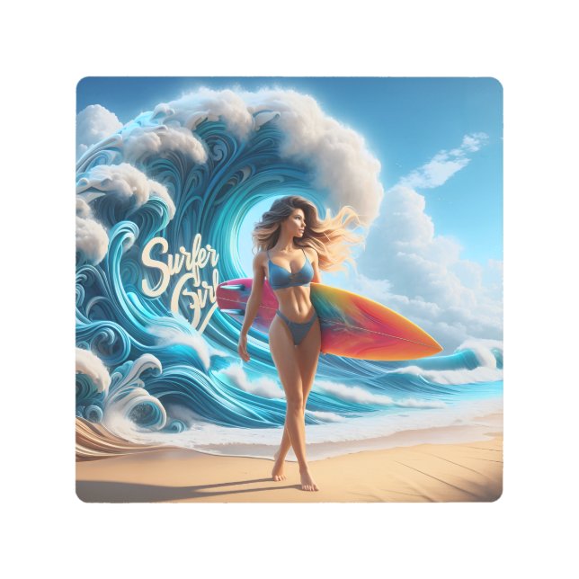Dynamic Surfer Girl Walking Beach Waves Art メタルプリント (正面)