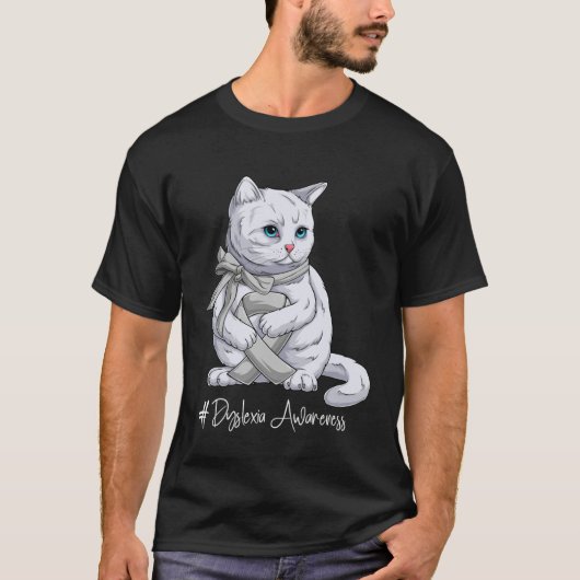 Dyslexia Awareness Month Silver Ribbon Cat Tシャツ (正面)