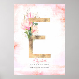 Eのイニシャル モノグラム ゴールドリーフ ピンクのマグノリア 花 ポスター