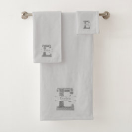 Eイニシャルパーソナライズされたシルバーモノグラムあなたの名前 バスタオルセット