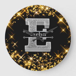 Eイニシャルパーソナライズされたシルバーモノグラムあなたの名前 ラージ壁時計