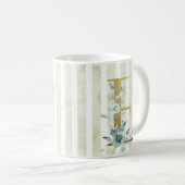 Eゴールデンイニシャルオンブルーとホワイトストライプ コーヒーマグカップ (正面右)