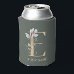 Eモノグラムフローラパーソナライズされたクーラーボックス 缶クーラー<br><div class="desc">レターEモノグラムフローラ。手紙E黄金色のテクスチャーに緑の水色の複合葉、花の花や金ゴールドの塵がアクセント。名前パーソナライズされたが一致するフォント。</div>