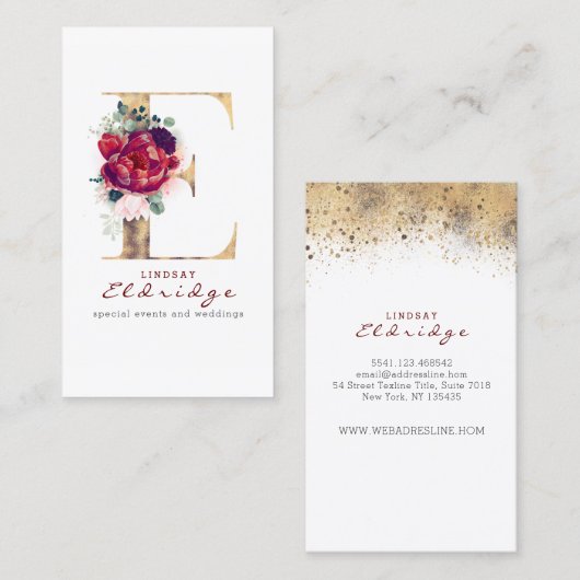 Eモノグラムブルゴーニュ赤い花とフェイク金ゴールド 名刺 (正面/裏面)