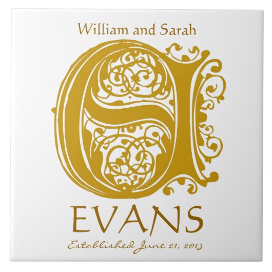 E金ゴールドモノグラム（白） – 名前結婚の日付タイル タイル (正面)