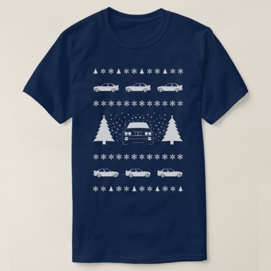 E30をフィーチャーした醜いクリスマスセーター Tシャツ (デザイン正面)