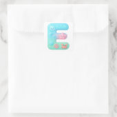 "E" かわいいバブルレター - 水中海の生き物A スクエアシール (バッグ)