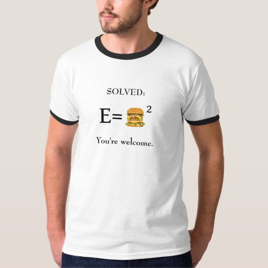 E=の平方されるチーズが付いている二重ベーコンのハンバーガー Tシャツ (正面)