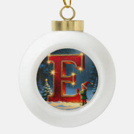 「E」クリスマスエルフ　イニシャルパーソナライズド セラミックボールオーナメント