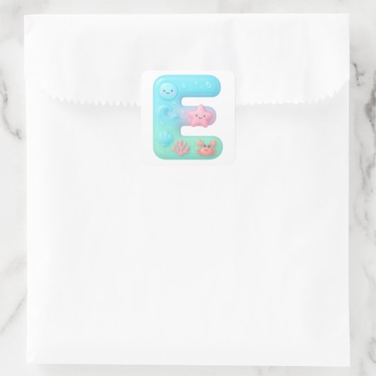 "E" Cute Bubble Letter - Underwater Sea Creature A スクエアシール (バッグ)