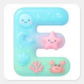 "E" Cute Bubble Letter - Underwater Sea Creature A スクエアシール (正面)