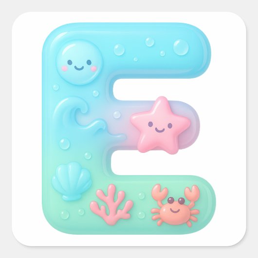 "E" Cute Bubble Letter - Underwater Sea Creature A スクエアシール (正面)