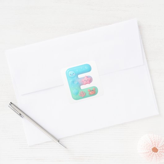 "E" Cute Bubble Letter - Underwater Sea Creature A スクエアシール (封筒)