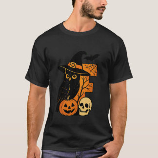 E is for Eerie Halloween Owl Skull Tシャツ