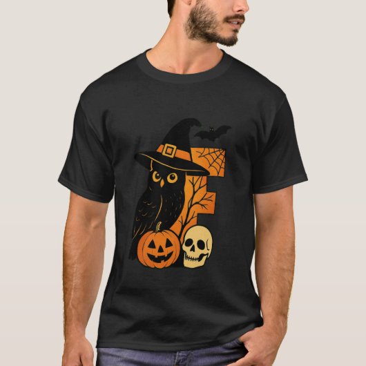 E is for Eerie Halloween Owl Skull Tシャツ (正面)