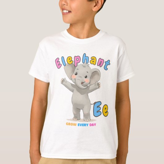 「E is for Elephant」 Alphabet Tee – 毎日成長 Tシャツ (正面)